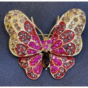NWOT: Pink Rhinestone Butterfly Brooch Pin Gold Tone Animal Insect Whimsical
